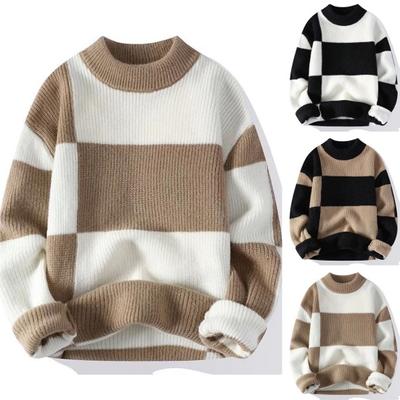 Contrast Color Sweater O-neck Long Sleeve Thickened Warm Knitting Tops High Elastic Knitwear