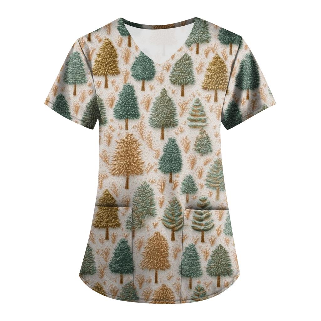 Plus SizePrinted Scrub Working Uniform Tops For Women's Cross V-Neck Print Short Sleeve Fun T-Shirts Workwear Tee With Pockets