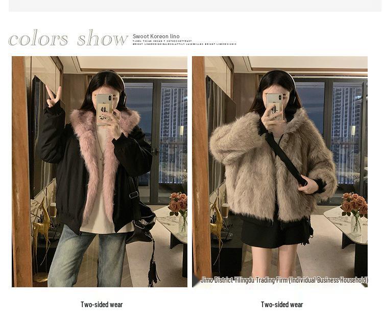 American Retro Fur Collar Hooded Short Workwear Jacket for Women - Thickened Plush for Autumn & Winter