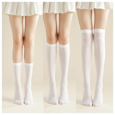 Damen weiße Sommer dünne Wadenstrümpfe - JK-Stil, Schwarz über dem Knie, Schlankheitskompression, Rutschfest.