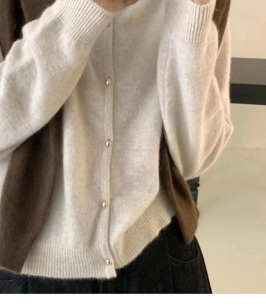 Korean Style Women's Wool Cardigan Sweater - Solid Color, Long Sleeve, Round Neck, Short Length.