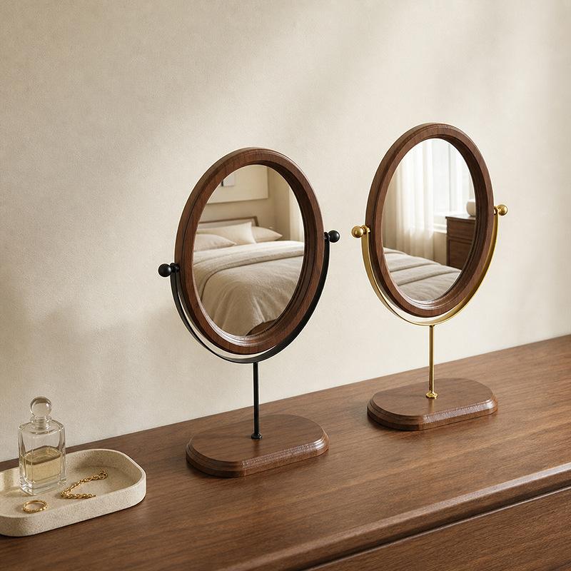 Vintage Walnut Color Light Luxury Mirror Desktop Makeup Mirror Rotatable Vertical Dressing Mirror For Bedroom