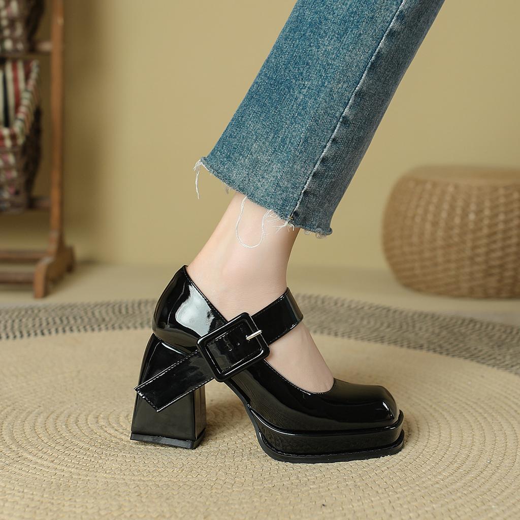 French Mary Jane High Heels Women's Short 2025 Early Spring Retro Square Head Women's Shoes Waterproof Table Thick Heel Single Shoes Women