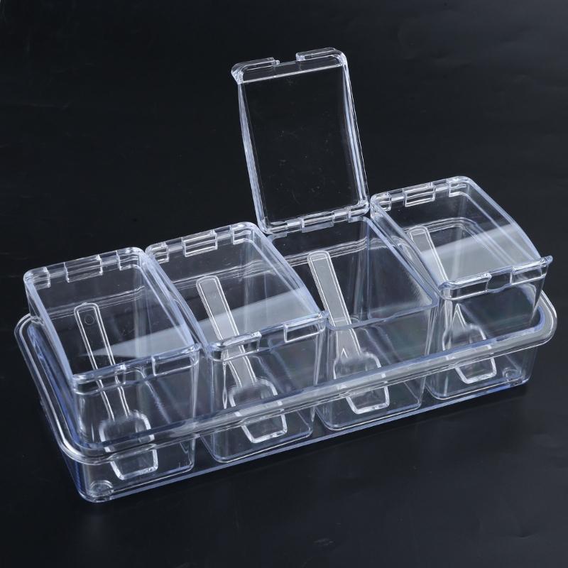 Convenient Seasoning Container 4 Compartment Condiment Storage Box Transparent Spices Container Organization Tool
