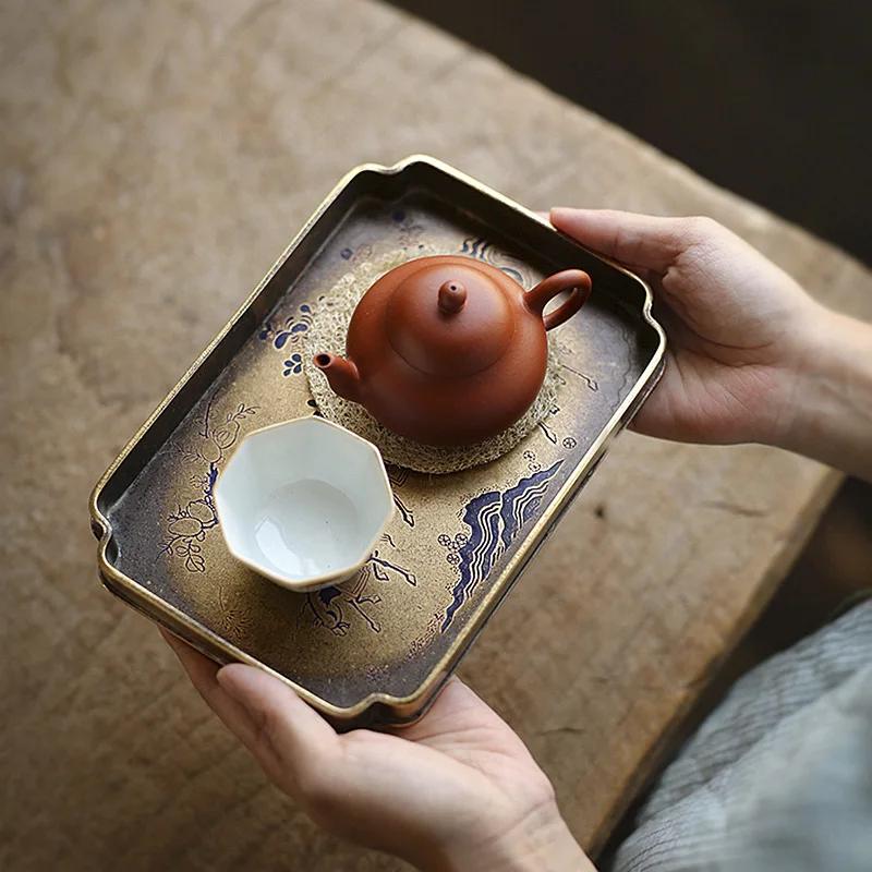 Tea Art Song Style Antique Pure Copper Painted Pot Tray Handmade Brass Pot Mat Copper Tea Tray Dry Teapot Platform Tea Table