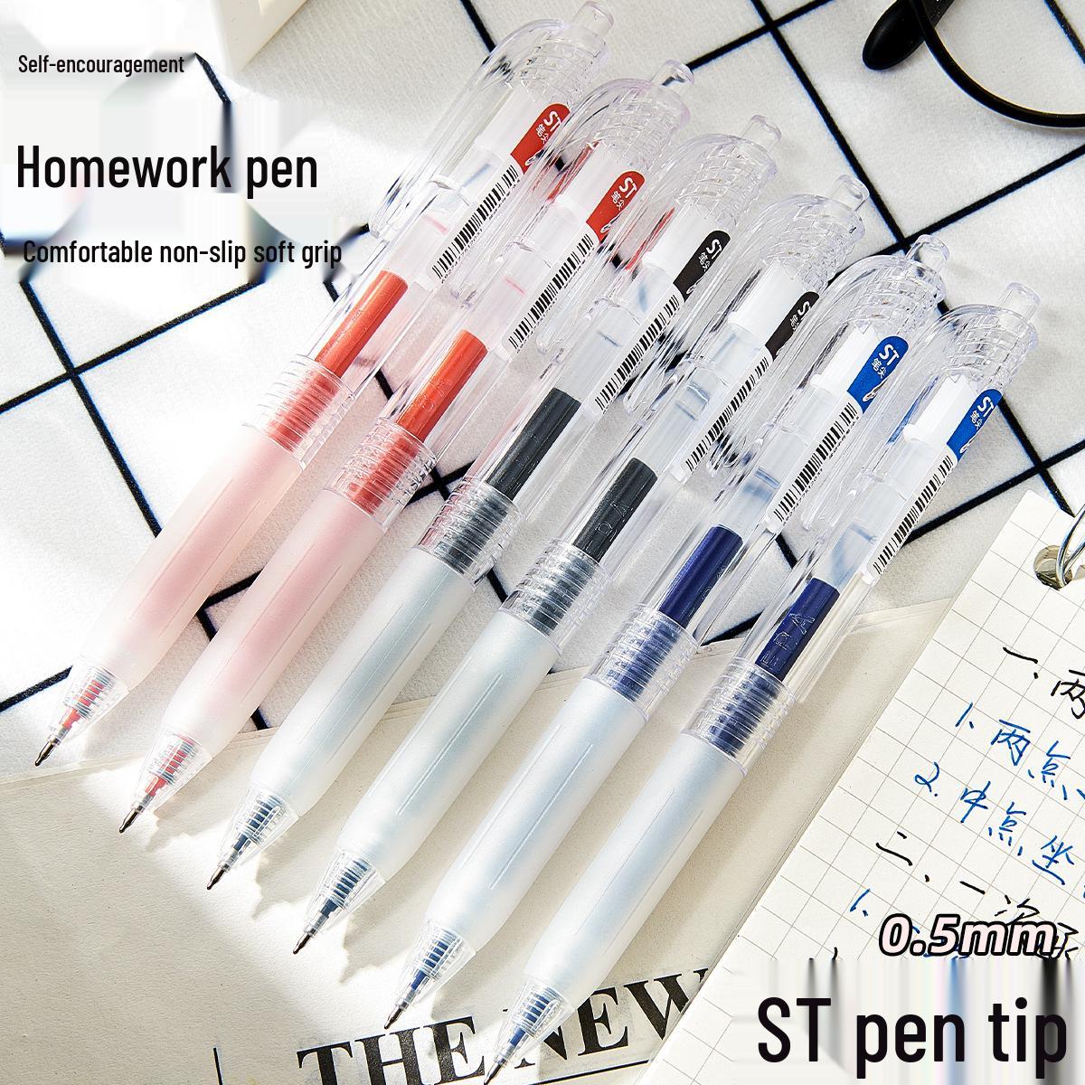 

Baitong Student Self-Motivation Clickable Ballpoint Pen, 0.5mm ST Tip, Black/Red/Blue Ink, Quick-Drying for Study Red Pen