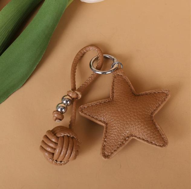 Leather Star Keychain Pentagram Car Keyring with Woven Leather Rope Ball Pendant Creative Bag Pendant Decoration for Women