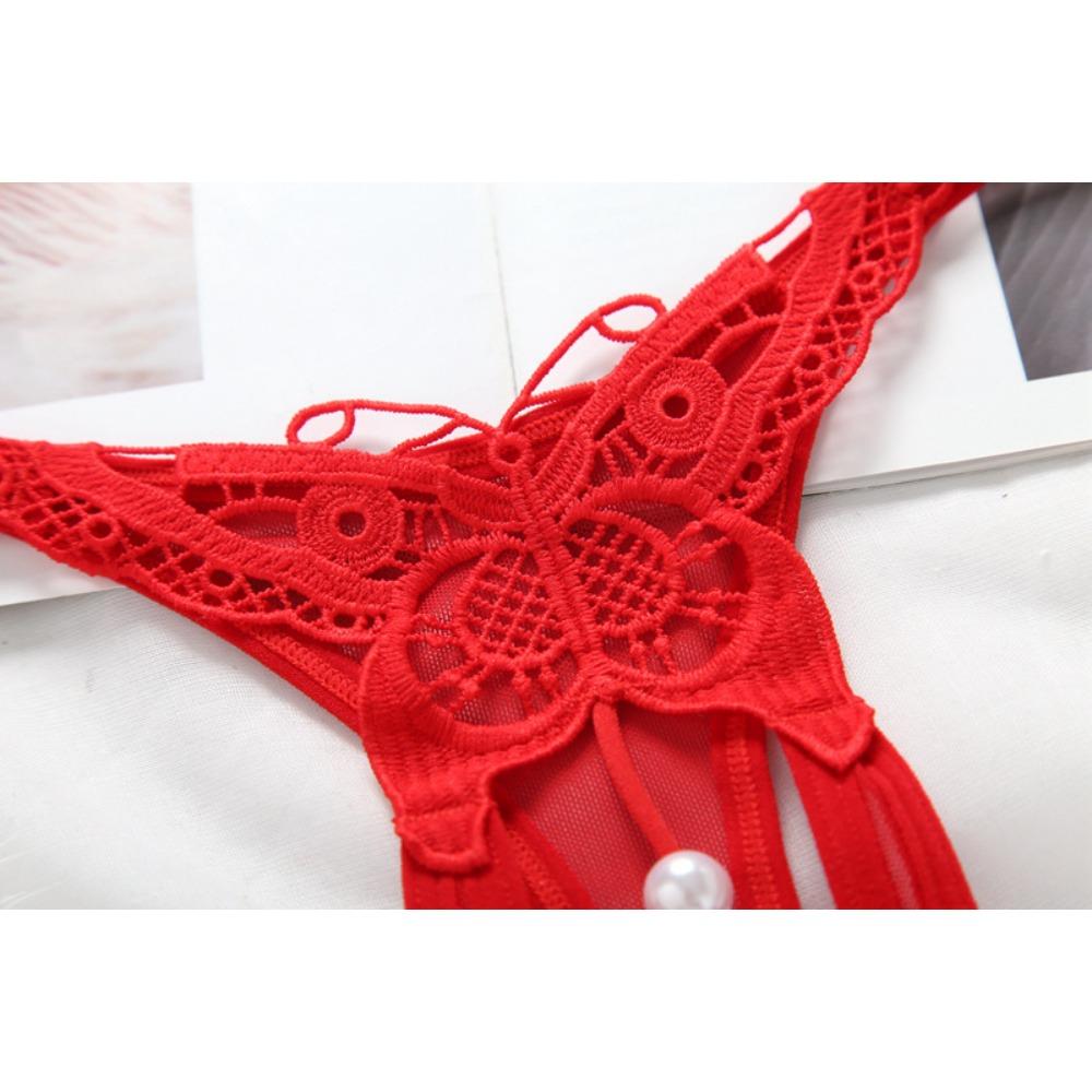 Embroidered Sexy Panties Women's Transparent Hollow Seduction Pearl Massage Open Thong Ultra-thin Perspective T-pants