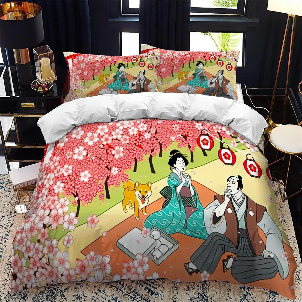 Dynetrekk i japansk stil King Queen Full størrelse Ukiyo-e-tema bølgemønster polyester sengetøysett Fuji Mountain Exotic Style