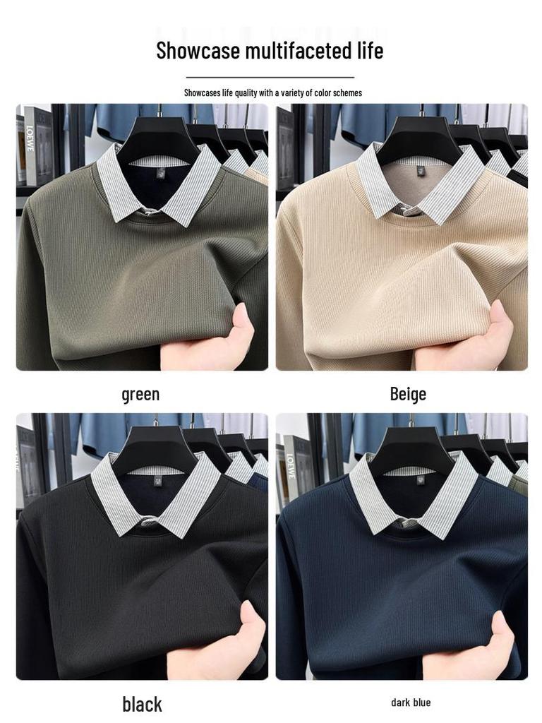 High-End Men's Faux Two-Piece Plus Velvet Sweater - Casual Business Layer