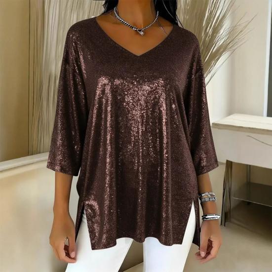 Women Tops V-Neck 3/4 Sleeves Loose Fit Pullover Tops Solid Color Loose Fit Glossy Design Casual Tops Women Clothing