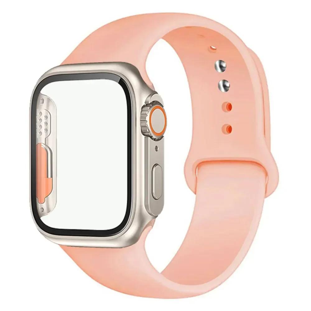 Silicone Strap+Case For Apple Watch Band 44mm 45mm 41mm 40mm Tempered Glass Cover Change to Ultra iWatch Series 9 8 7 SE 6 5 3