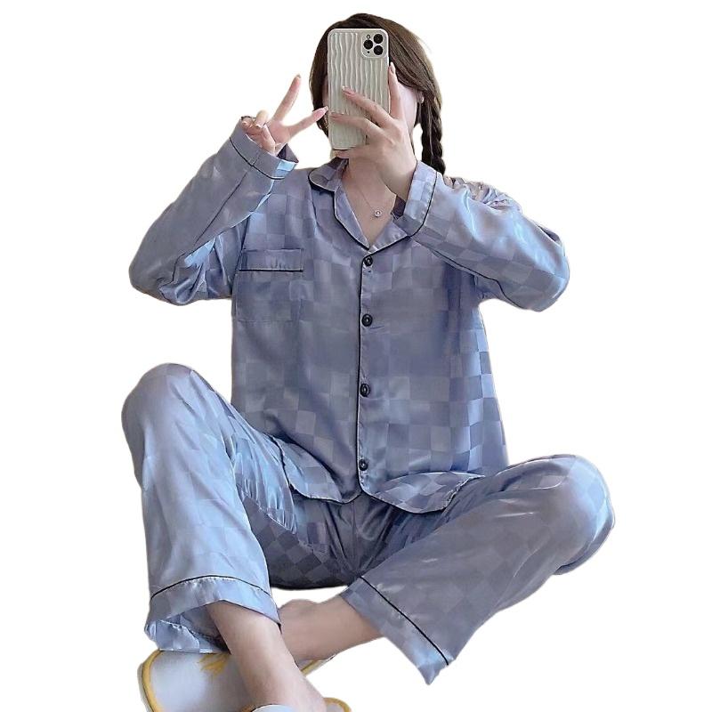 Women's Pyjamas Ice Silk Long-Sleeved Jacquard Student Sleepwear Homewear Cardigan Plaid Top Trousers Nightwear Loungewear