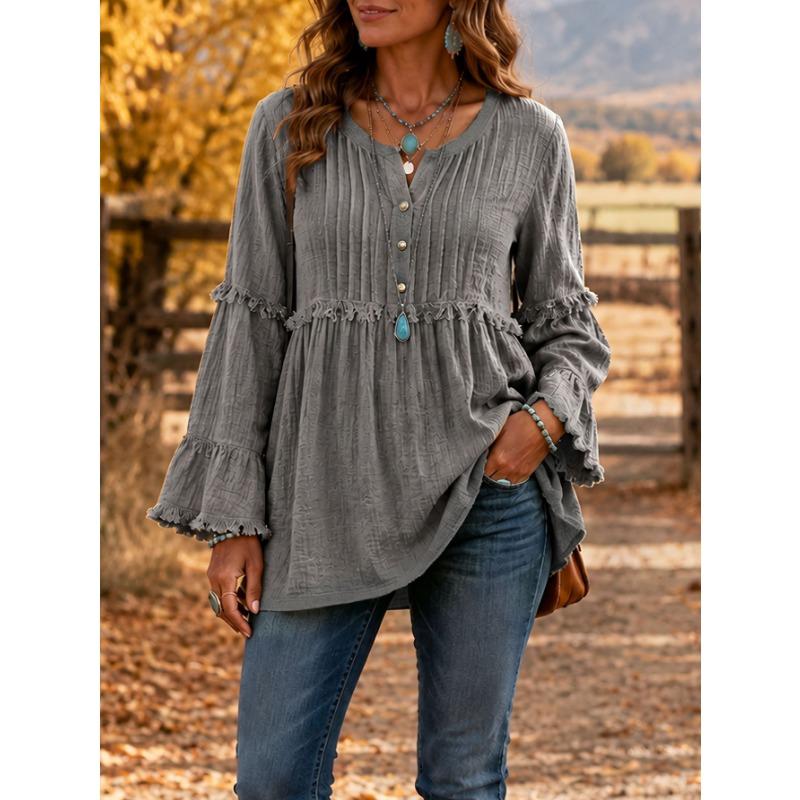 Women S Casual Loose V Neck Long Sleeve Blouse With Lace Trim