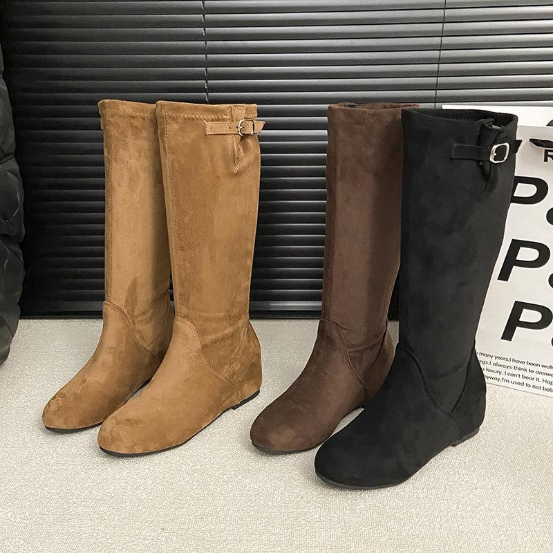 Weiches Leder faule Winter elegante Stapelstiefel Französische dünne hohe Stiefel dicker Absatz Wildleder Fee Wind Stiefel