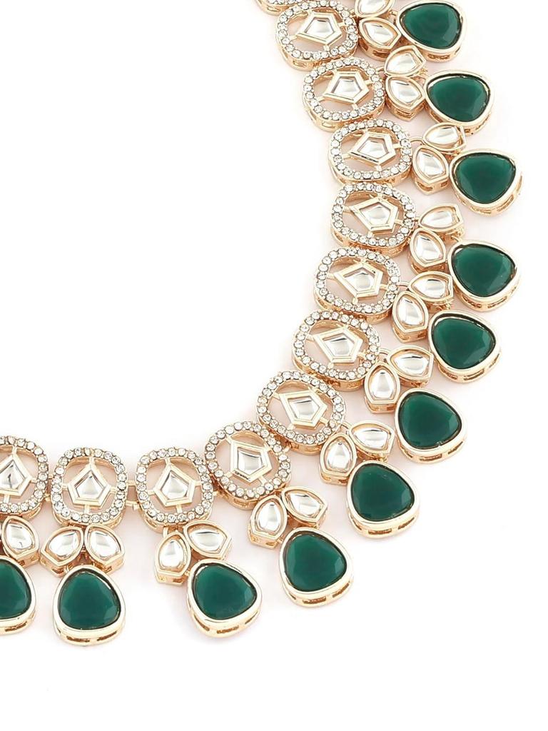 Green Kundan Stones & Austrian Diamonds Necklace Earring & Ring Set For Women