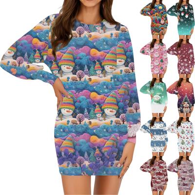 Women's Fashion Casual Christmas Print Round Neck Long Sleeve Dress