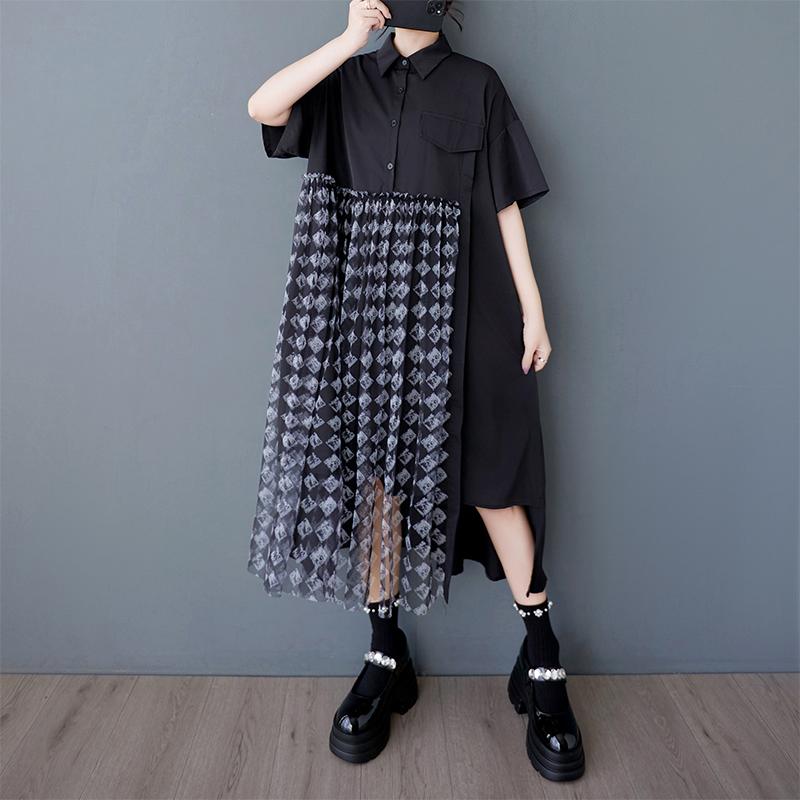 DIMANAF 2025 Plus Size Dress Women Summer Long Shirt Dress Lace Spliced Casual Loose Vintage Dress Maxi