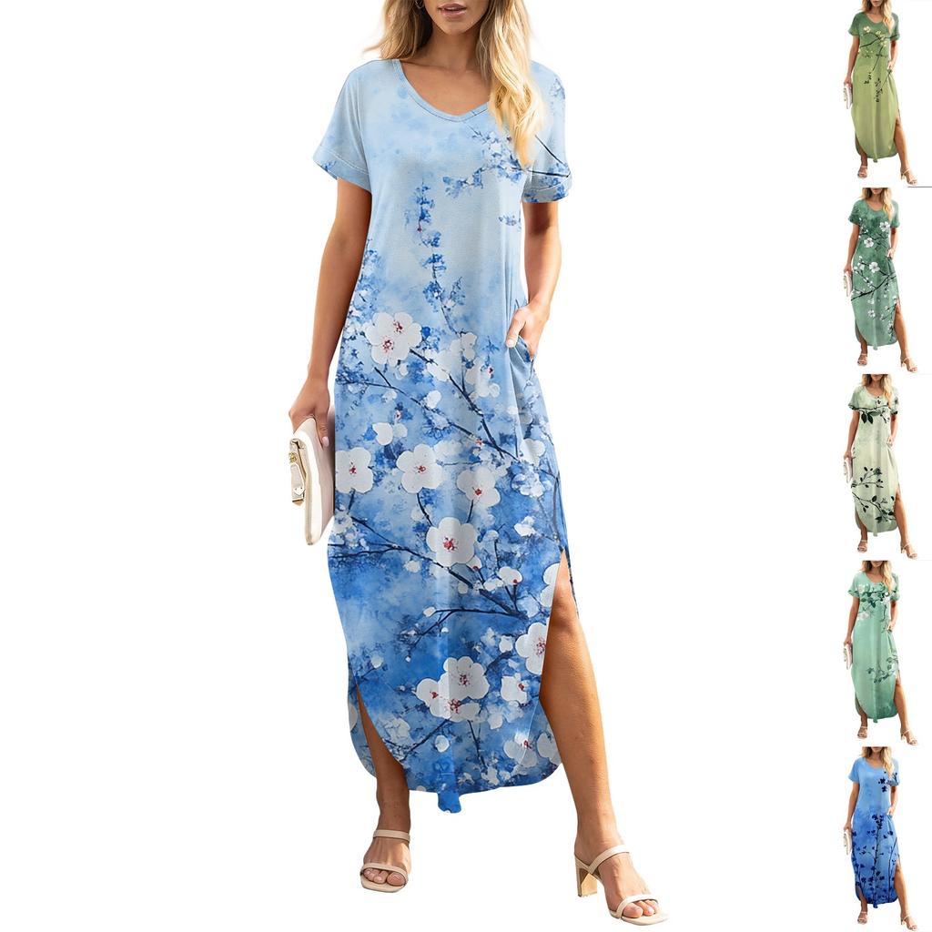 Damen Sommerkleid mit Blumendruck, lässig, locker, kurzärmelig, Strand, Maxikleid mit Schlitz
