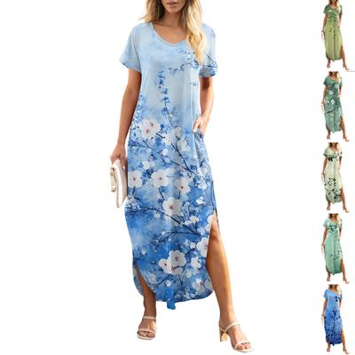 Rochie de vară cu mâneci scurte, cu mâneci scurte, cu imprimeu floral, pentru plajă