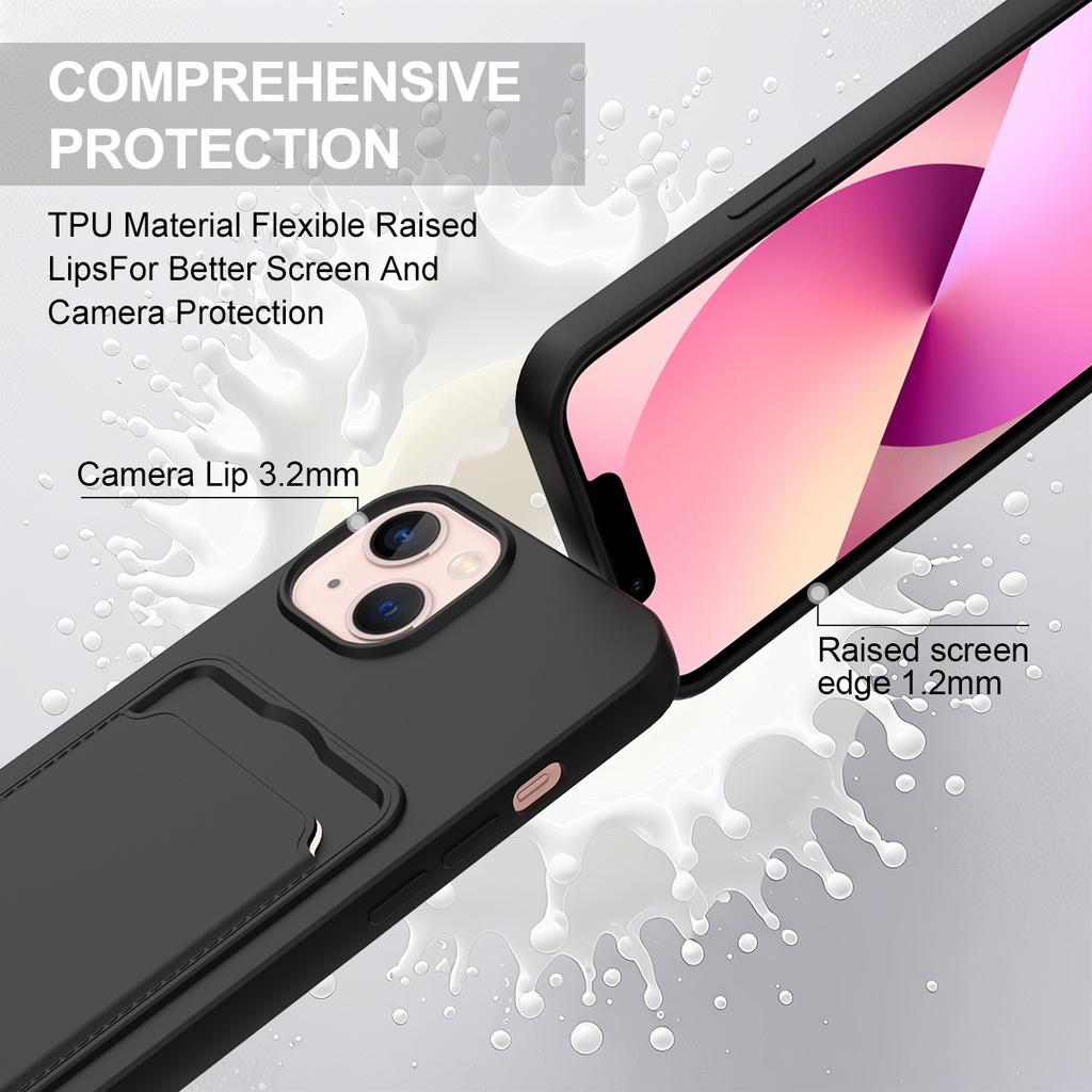 For iPhone 14 Plus/iPhone 15 Plus Liquid Silicone Case Phone Back Cover with Card Holder and Short Strap