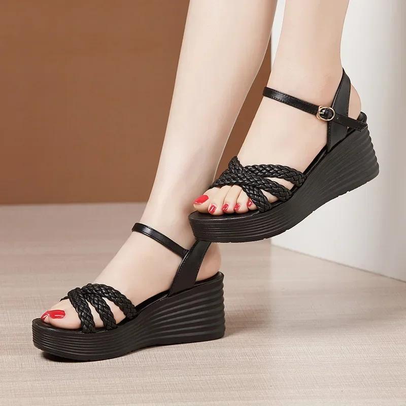 7cm Small Size 33-43 All Match Comfortable Med Heels Wedges Sandals 2025 Summer Women's Knit Platform Shoes for Office Mom Beach