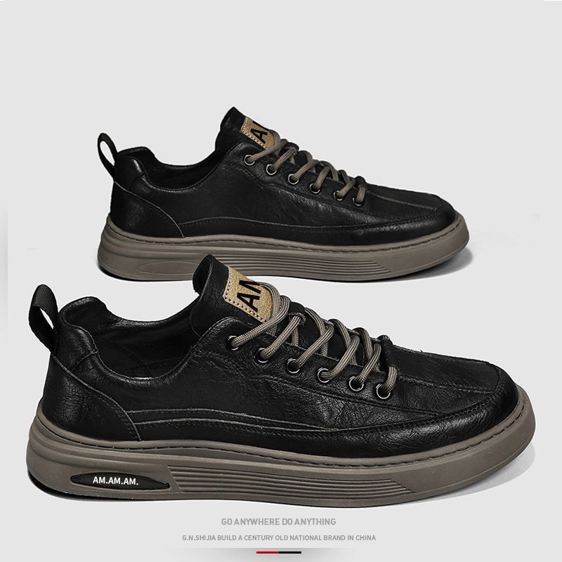 2025 autumn and winter new men's shoes leather breathable casual shoes Korean version fashion trendy shoes men's low-top thick baseplate shoes