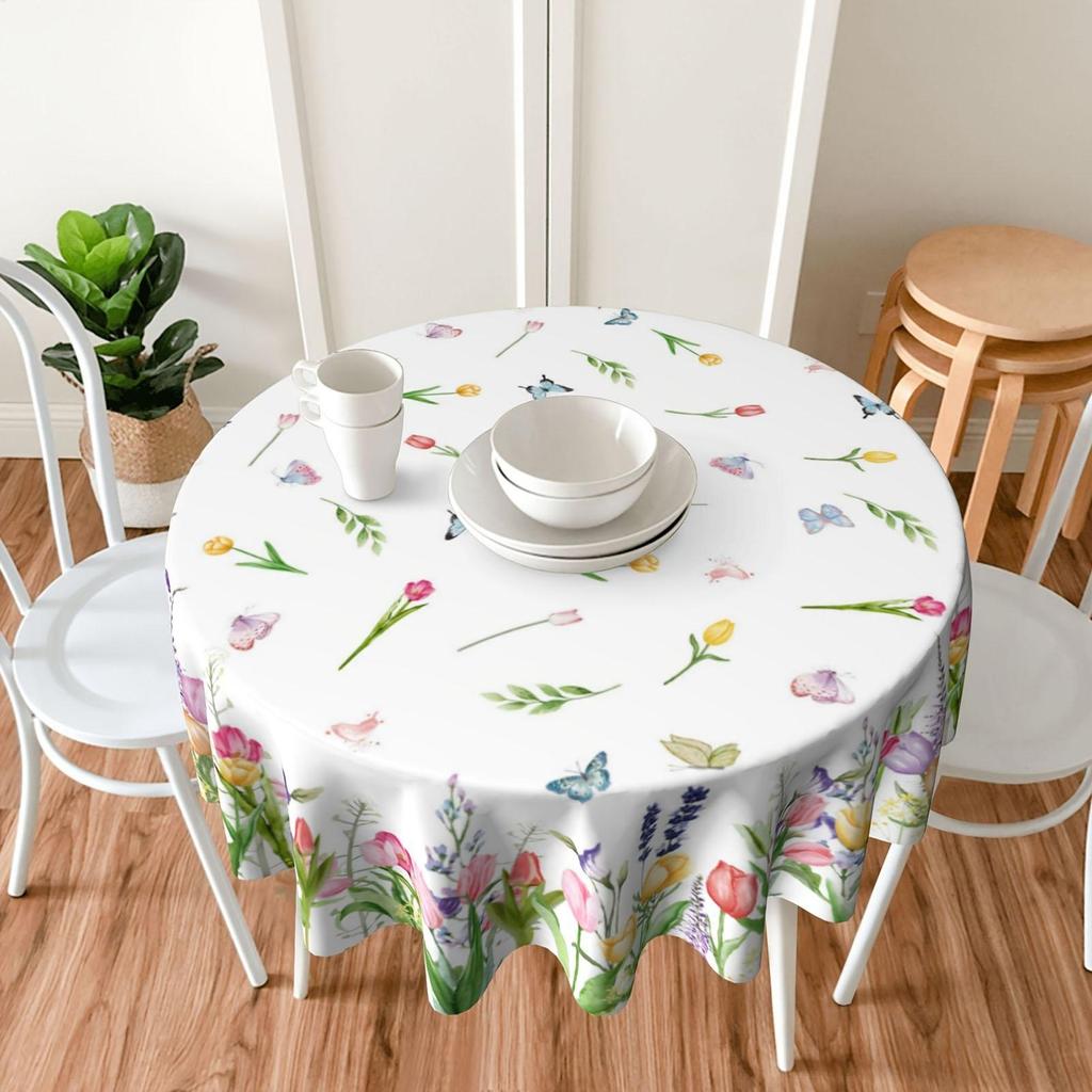 Floral Table Cloth 70 Inch Washable Fabric Spring Decor Circle Easter Tablecloths Protector for Home Farmhouse Apartment Hotel