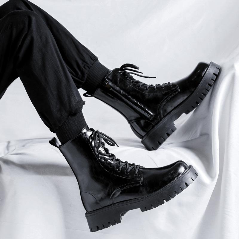 2025 new patent leather Martin boots men's autumn and winter zipper short boots glossy lace-up formal high-top men's shoes 2159-F