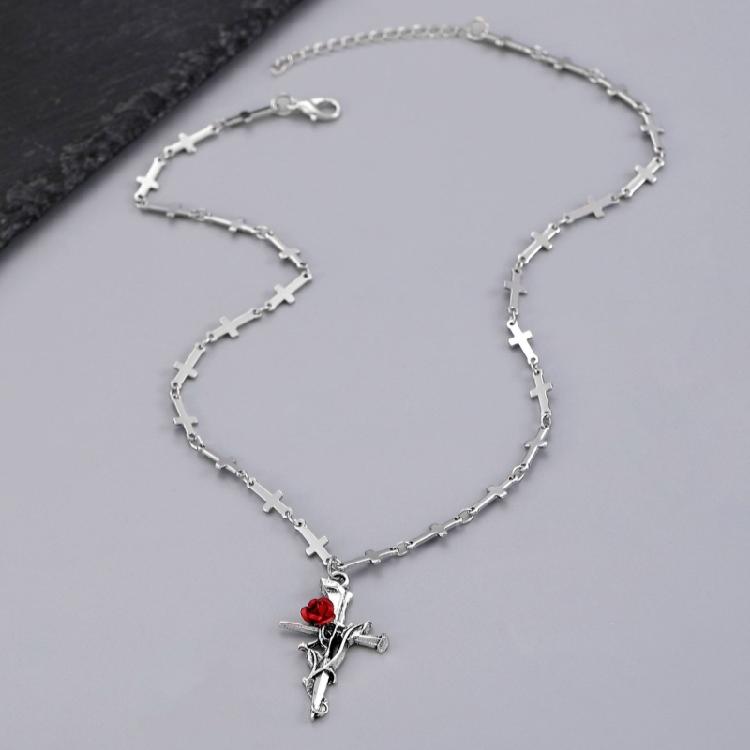 Versatile Crucifix Pendant Chain Rose Detailing Adjustable Necklace for Everyday Outfits Religious Accessory Jewelry