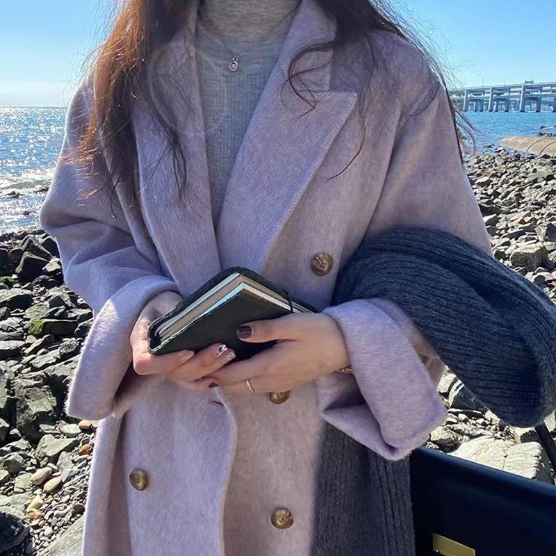 Popular long-haired suit collar double-sided cashmere coat, double-breasted classic women's coat
