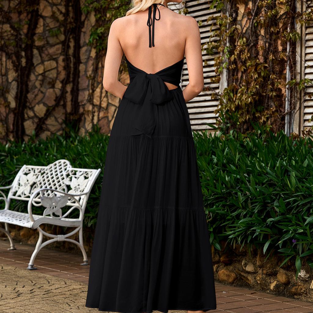 New Four-sided Elastic Deep V Neck Strap Dress, European and American Sexy Backless Seaside Vacation Elegant Long Dress