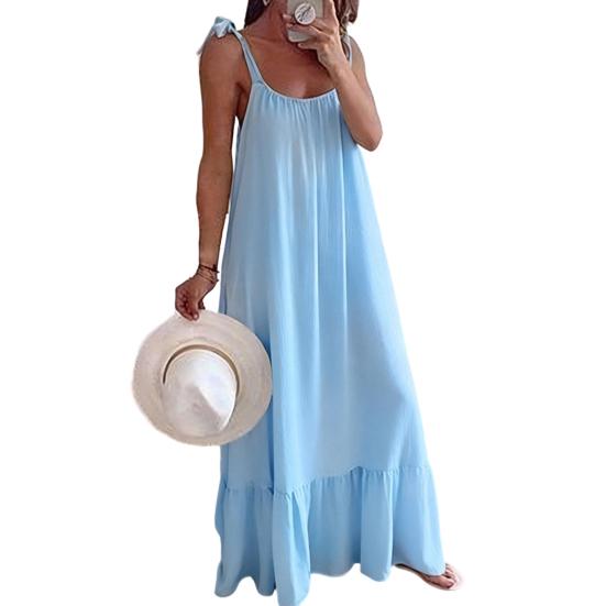 Women's Summer Casual Loose Dress Tie Shoulder Sleeveless Square Neck Maxi Dress A-Line Ruffle Flowy Beach Sundress