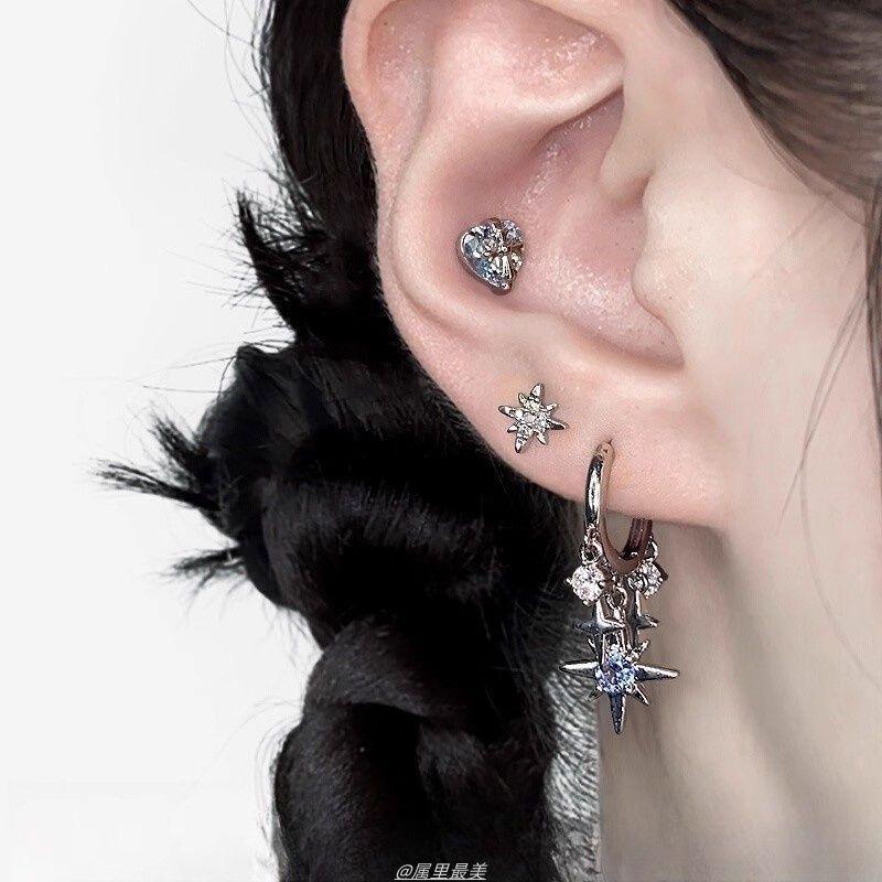 Blauer Zirkon Achtzackiger Stern Anhänger Ohrringe Für Frauen Silberfarbe Stern Quaste Ohrbügel Y2K Schmuck Geschenk