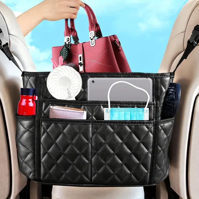 1 Large Capacity PU Leather Car Seat Storage Bag, Hanging Storage Bag With Multiple Zippered Pockets, Car Interior Accessories