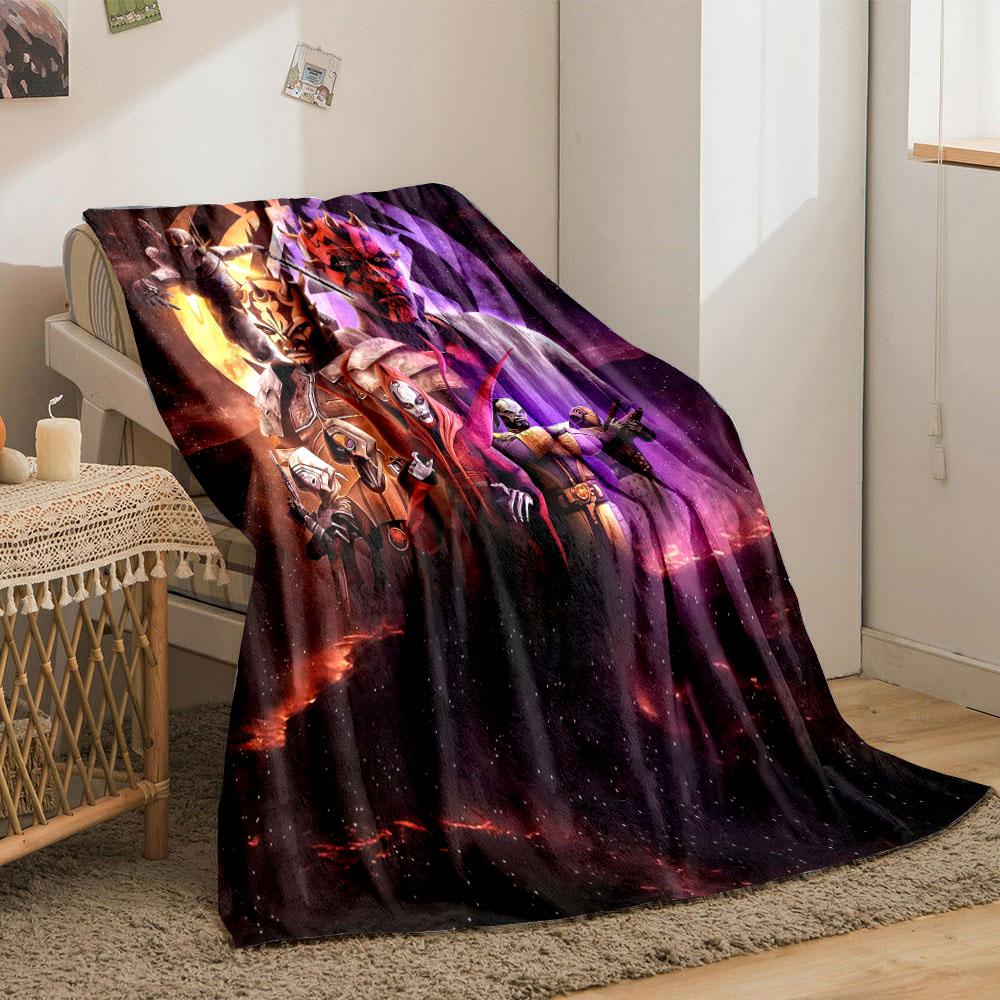 The pattern depicts dark, armored characters with glowing, ominous elements. for all seasons blanket lunch break throw gift
