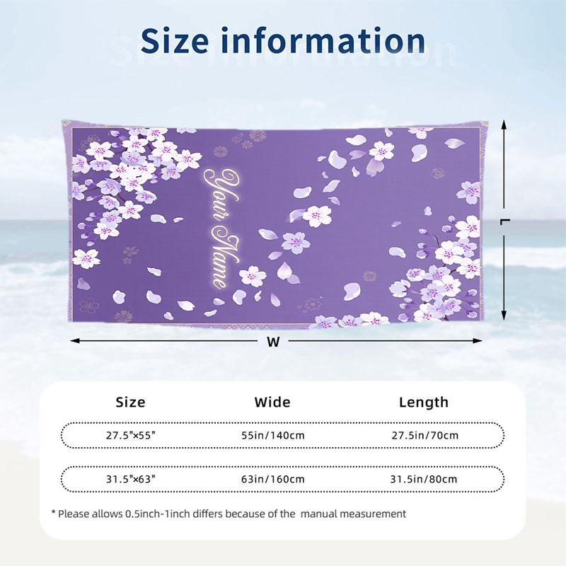Cherry Blossom Artwork Theme Quick Dry Beach Towel Custom Name Text Print Large Sand Resistant Towel Beach Vacation