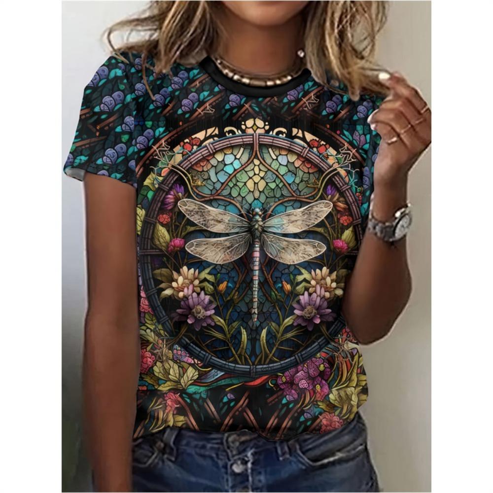 T-Shirt mit Schmetterlingsmuster für Damen, Blumen- und Insektenmotiv, 3D-Druck, lockere Oberteile für den Sommer, kurze Ärmel, Persönlichkeit, O-Ausschnitt