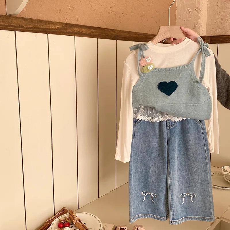 Children Pant Spring Autumn Korean Children Girls' Cartoon Top Love Sling Spring Stitching Lace Embroidered Bow Jeans