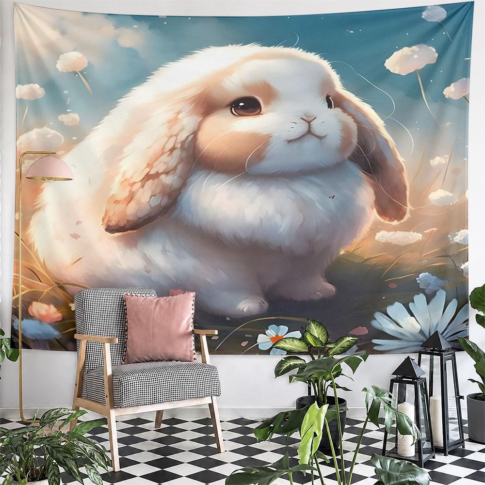 Fluffy Bunny In a Flower Meadow Pattern Wall Hanging Tapestry Decorative Tapestry Home Decor for Bedroom and Living Room