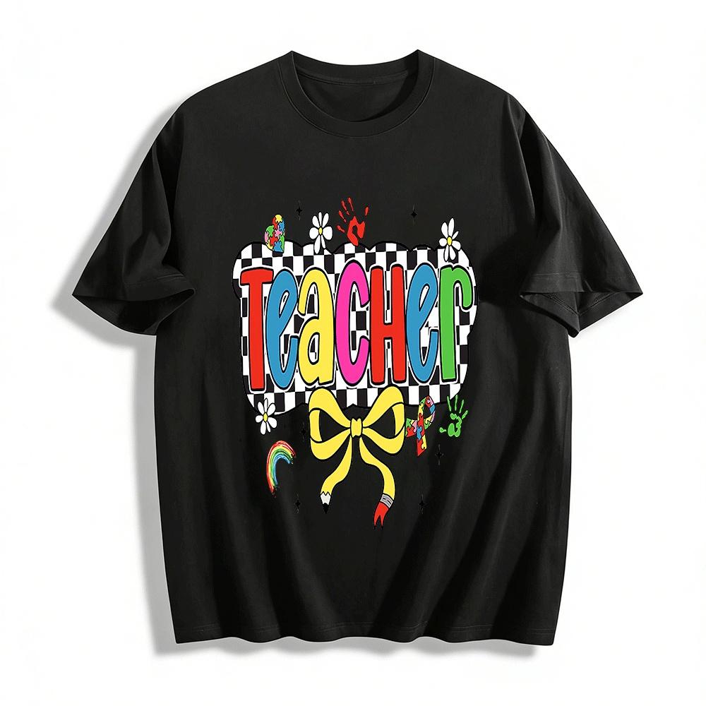 

Checkerboard Teacher Print Top Autism Awareness Casual T-Shirt Pure cotton T-shirt XXS