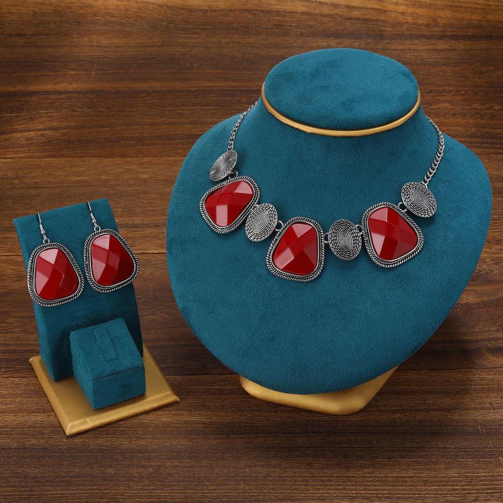 Bohemian Exotic Rhinestone Tassel Necklace & Earrings Set In Antiqued Alloy