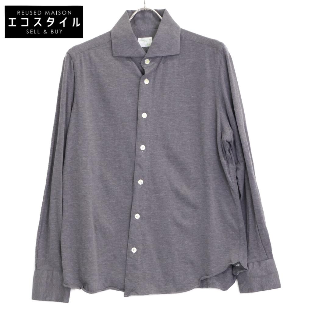 finamore Gray 28416-1 Button Cashmere Blend Wide Collar Shirt tops L grayUsed