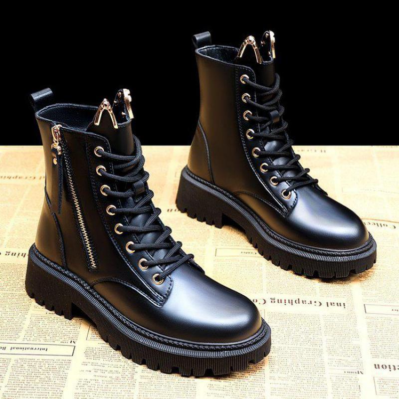 New Women's Pu Leather Ankle Boots Women Autumn Winter Round Toe Lace Up Shoes Woman Fashion Motorcycle Platform Botas