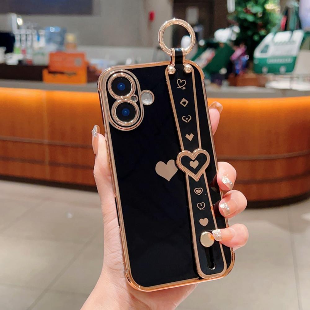 For iPhone 16 Case Wristband Kickstand Love Heart TPU Phone Cover Finger Holder A
