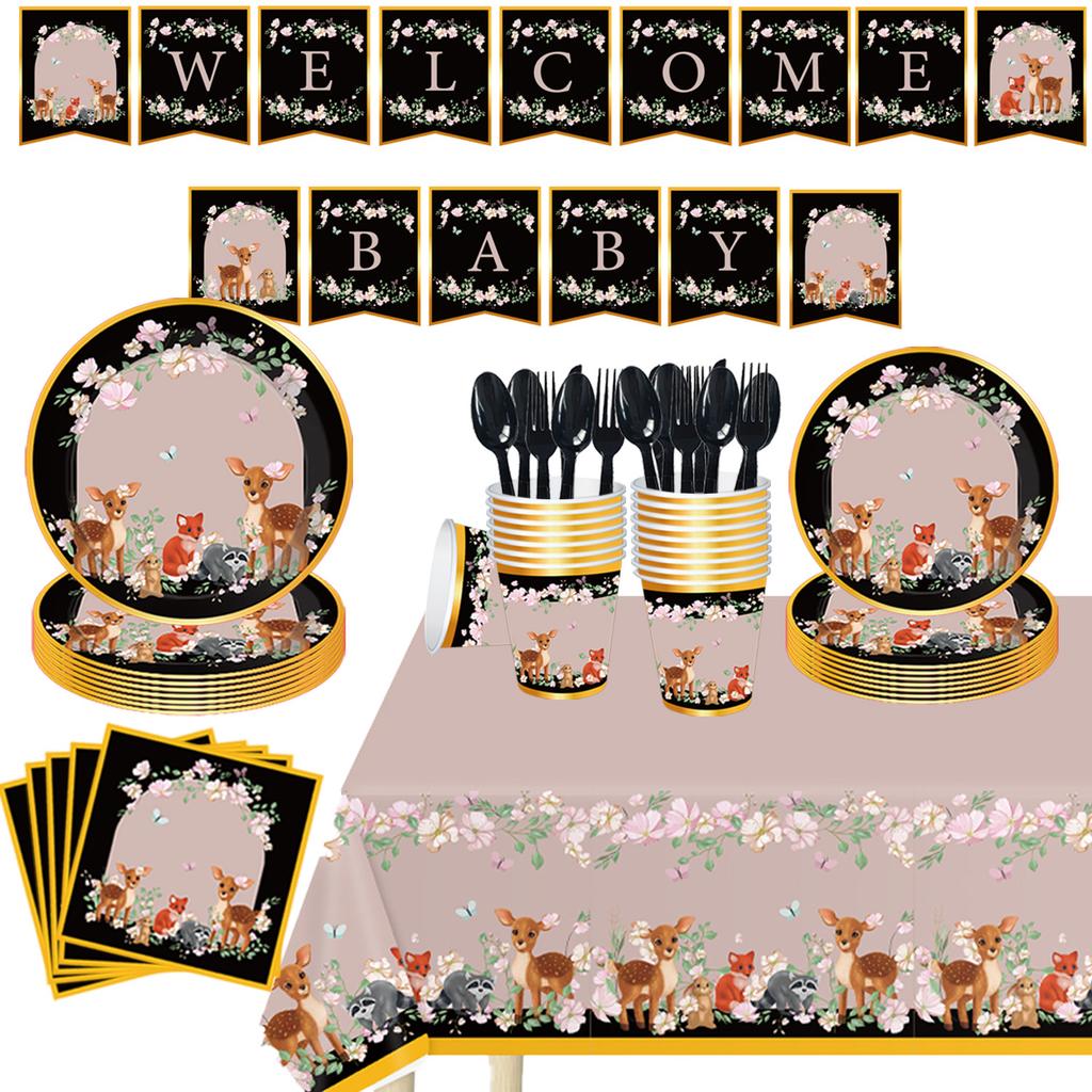 Dark Pink Bronzing Animal Theme Disposable Party Tableware Party Arrangement Birthday Set Supplies