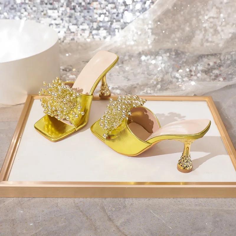 Summer New Style Fashionable Square Toe Women's Slippers String Beads High Heels Women's Sandals Ladies Shoes Zapatos De Mujer