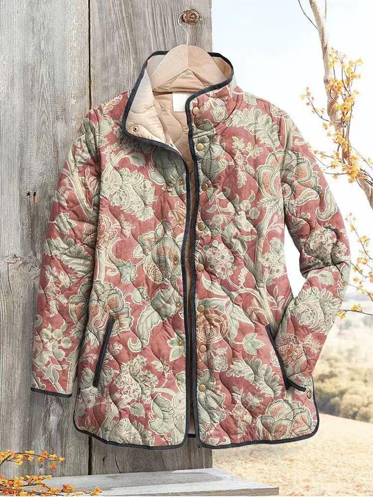 Women's Tropical Leaf Print Quilted Jacket Stand Collar Button Down Contrast Trim Casual Coat