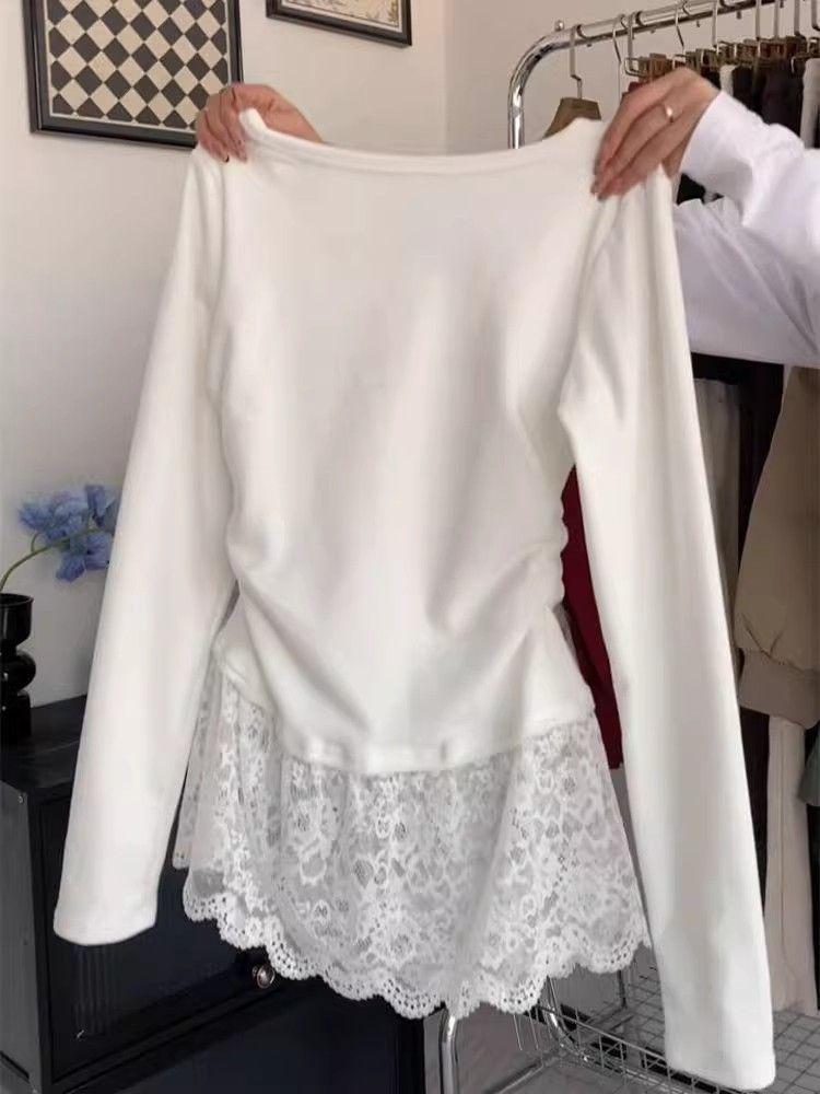 Spring & Autumn Ballet Style Lace Halter Layered Long Sleeve Women's T-shirt