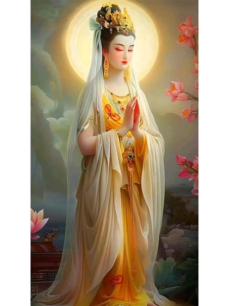 Farbige Buddha-Statue Guanyin DIY Stickerei Voll Quadratisch/Rund Diamant 5d Kreuzstickerei Mosaik Buddhistische Konzeption Lotus